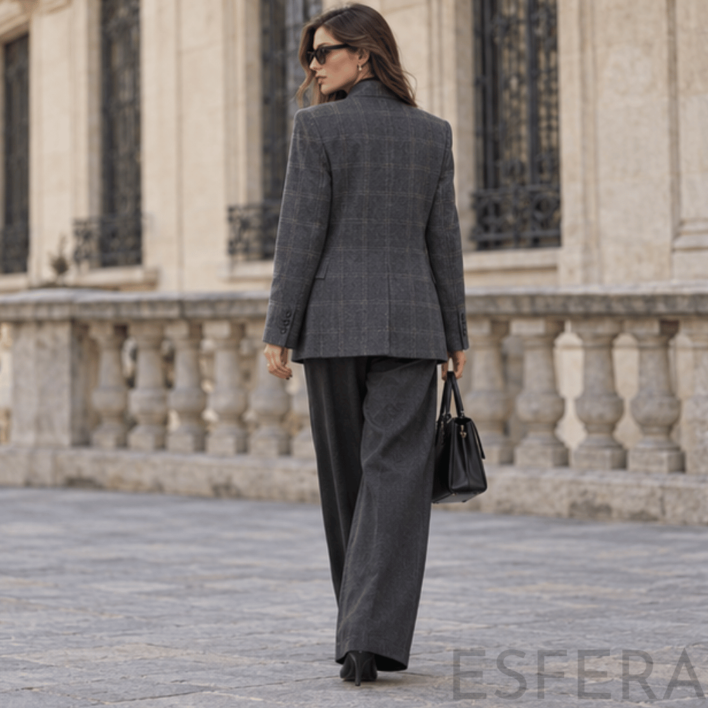 Blazer Mulher Xadrez com Gola Alta Cinzento