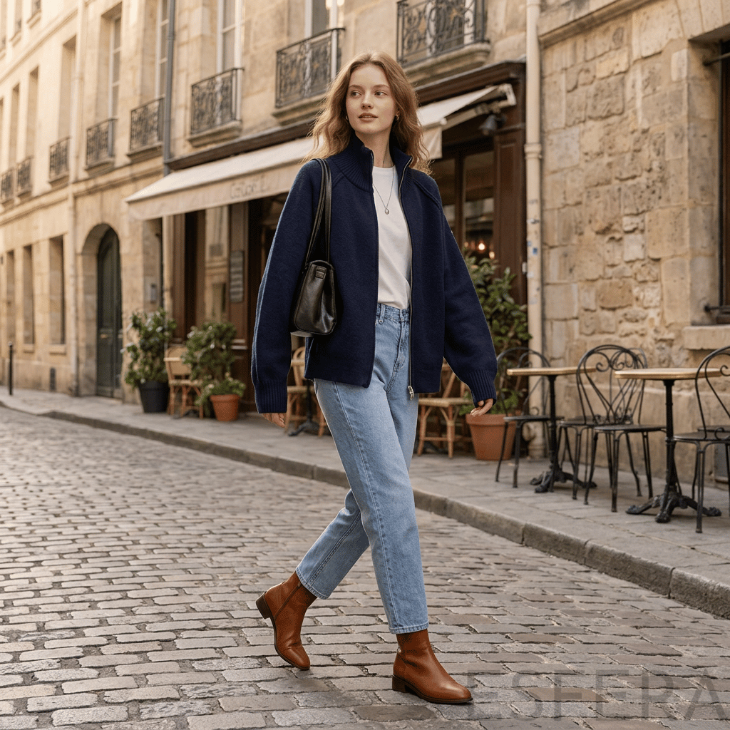 Cardigan Mulher de Tricô com Gola Alta e Zíper Azul