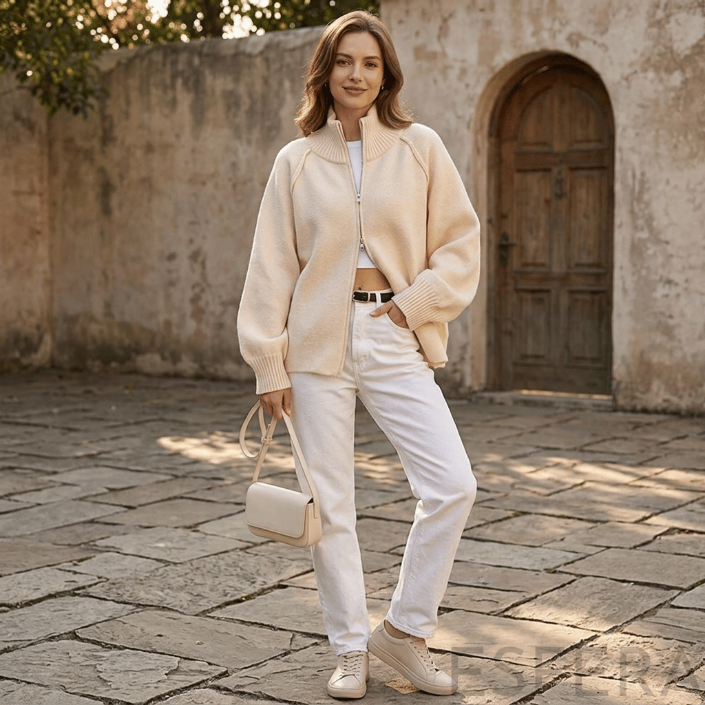 Cardigan Mulher de Tricô com Gola Alta e Zíper Bege
