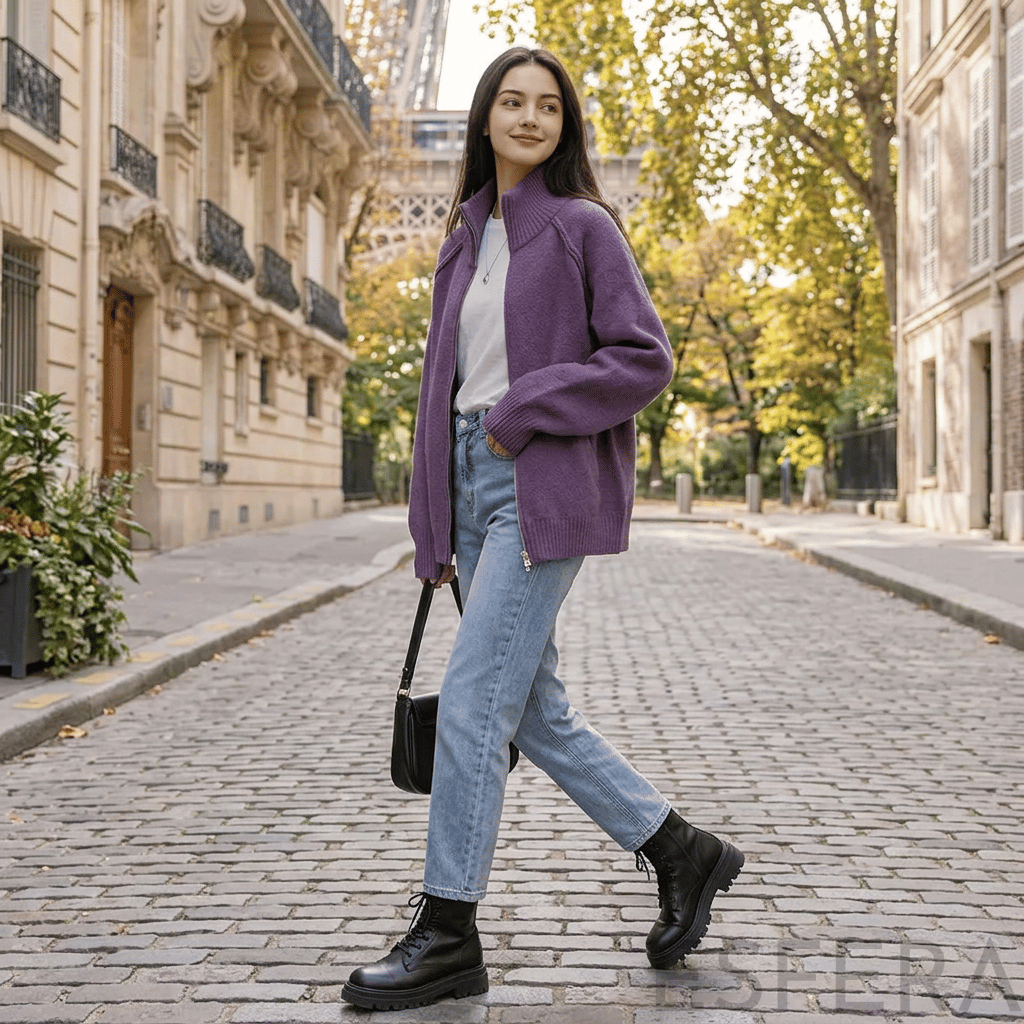 Cardigan Mulher de Tricô com Gola Alta e Zíper Lilás