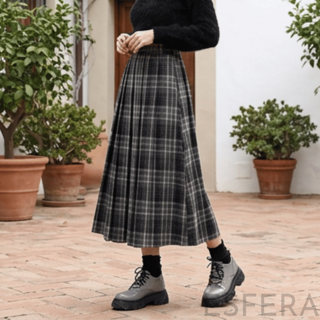 Saia Midi Xadrez de Cintura Alta Cinzento