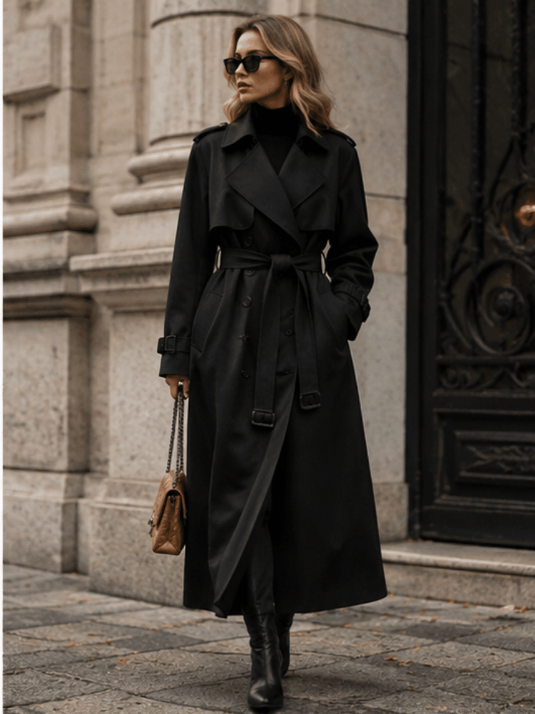 Sobretudo Mulher Gabardina Comprido com Cinto Preto
