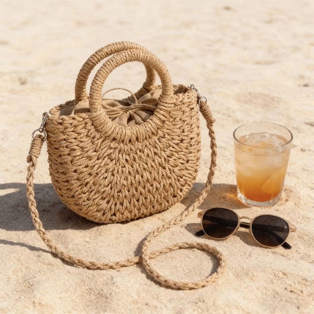 Vivienne | Bolso Bandolera Trenzado de Rafia Media Luna
