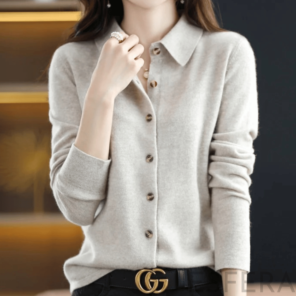 Cardigan Mulher de Malha com Gola Polo Cinzento