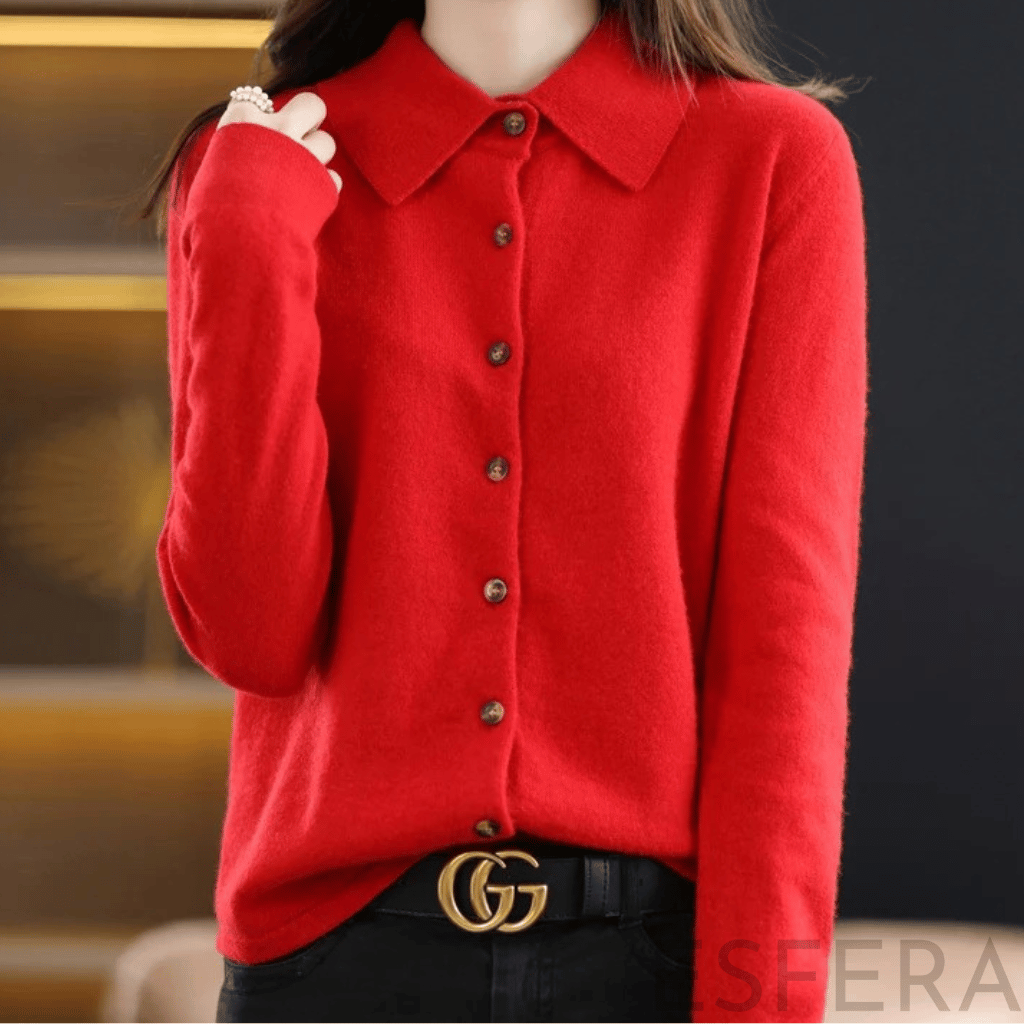Cardigan Mulher de Malha com Gola Polo Vermelho