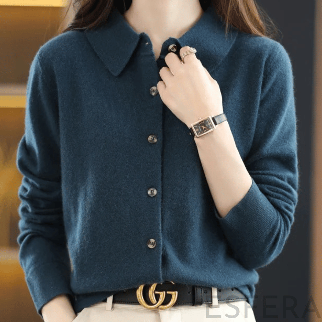 Cardigan Mulher de Malha com Gola Polo Azul