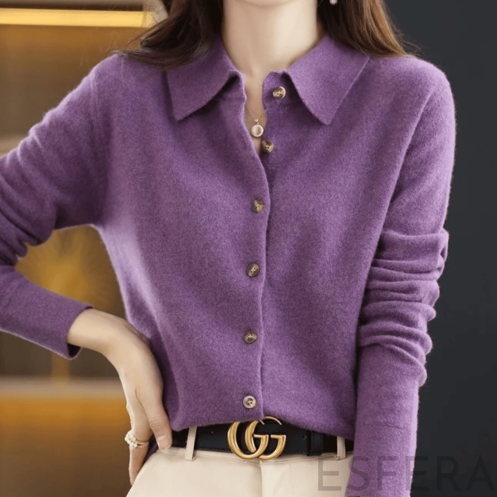 Cardigan Mulher de Malha com Gola Polo Lilás