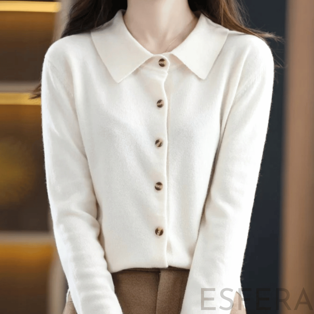 Cardigan Mulher de Malha com Gola Polo Branco