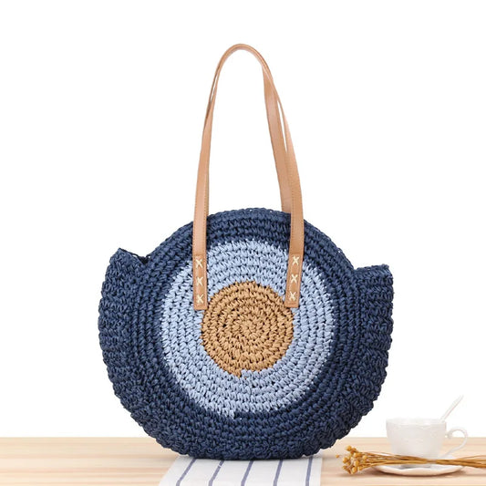 Genevieve | Round Braided Straw Bohemian Blue Greek Eye Bag