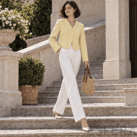 Blazer Mulher Curto Elegante com Botões Amarelo