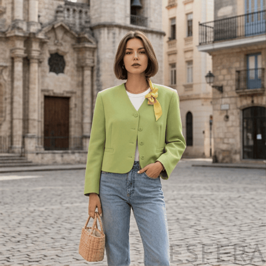 Blazer Mulher Curto Elegante com Botões Verde