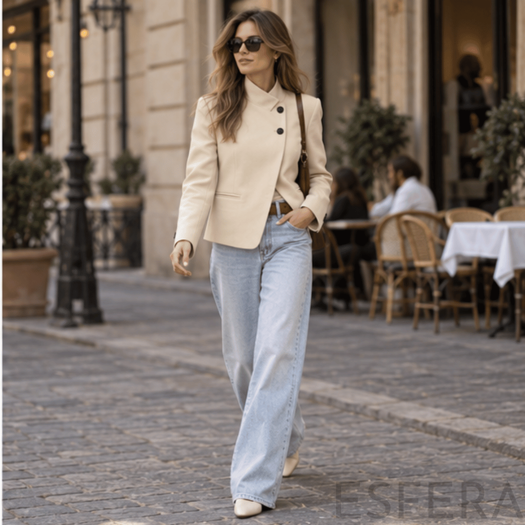 Blazer Mulher com Gola Alta e Botões Bege