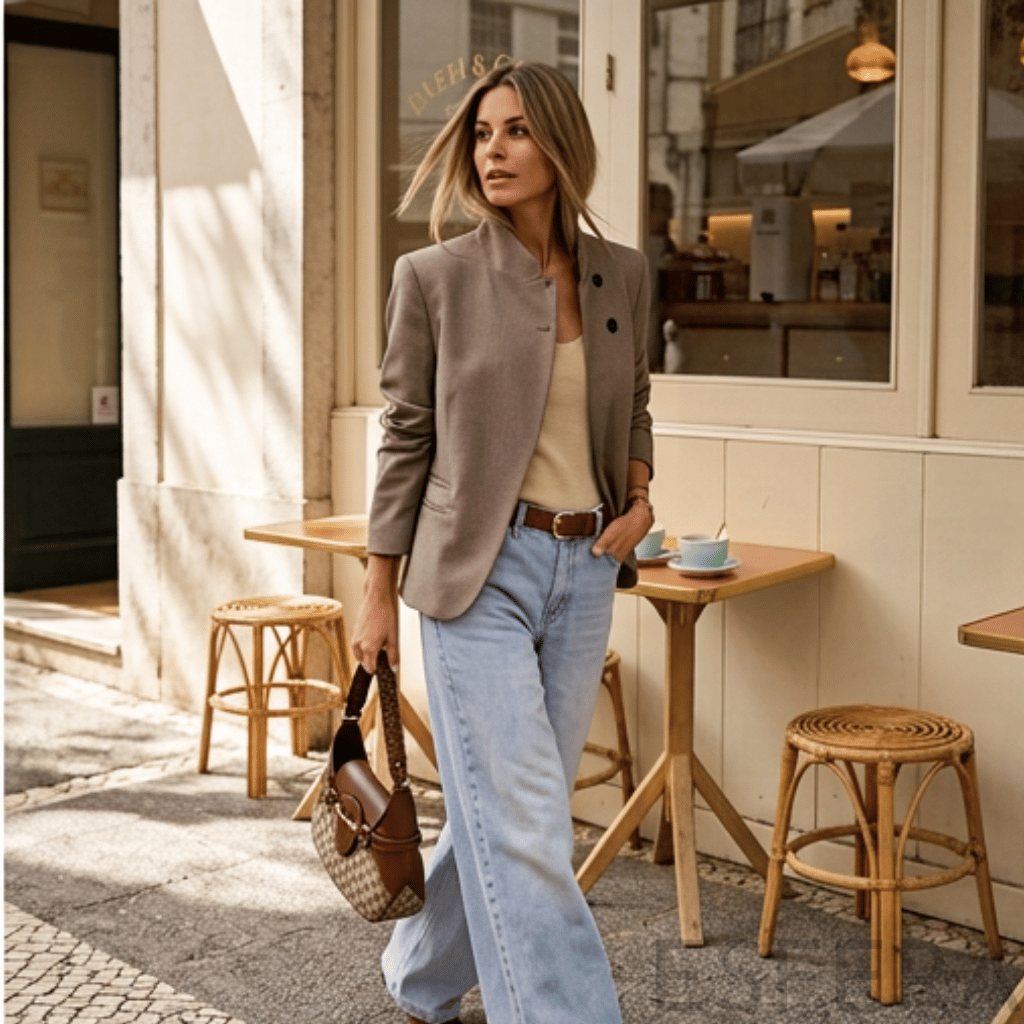 Blazer Mulher com Gola Alta e Botões Caqui