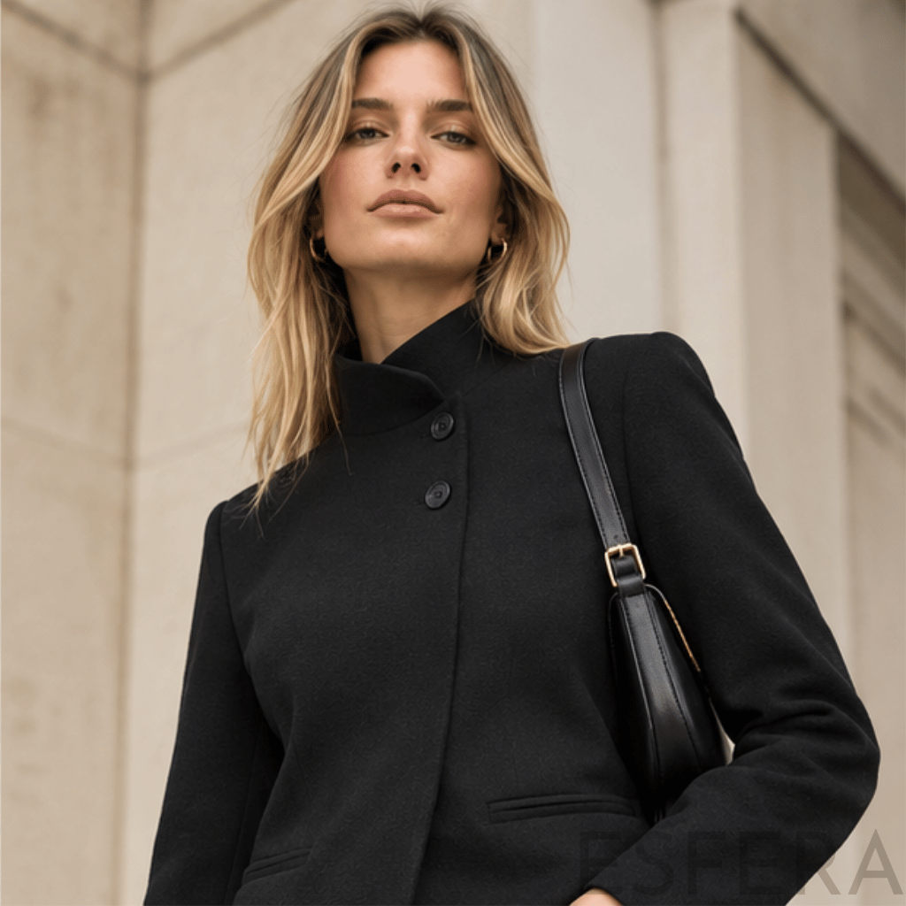 Blazer Mulher com Gola Alta e Botões Preto