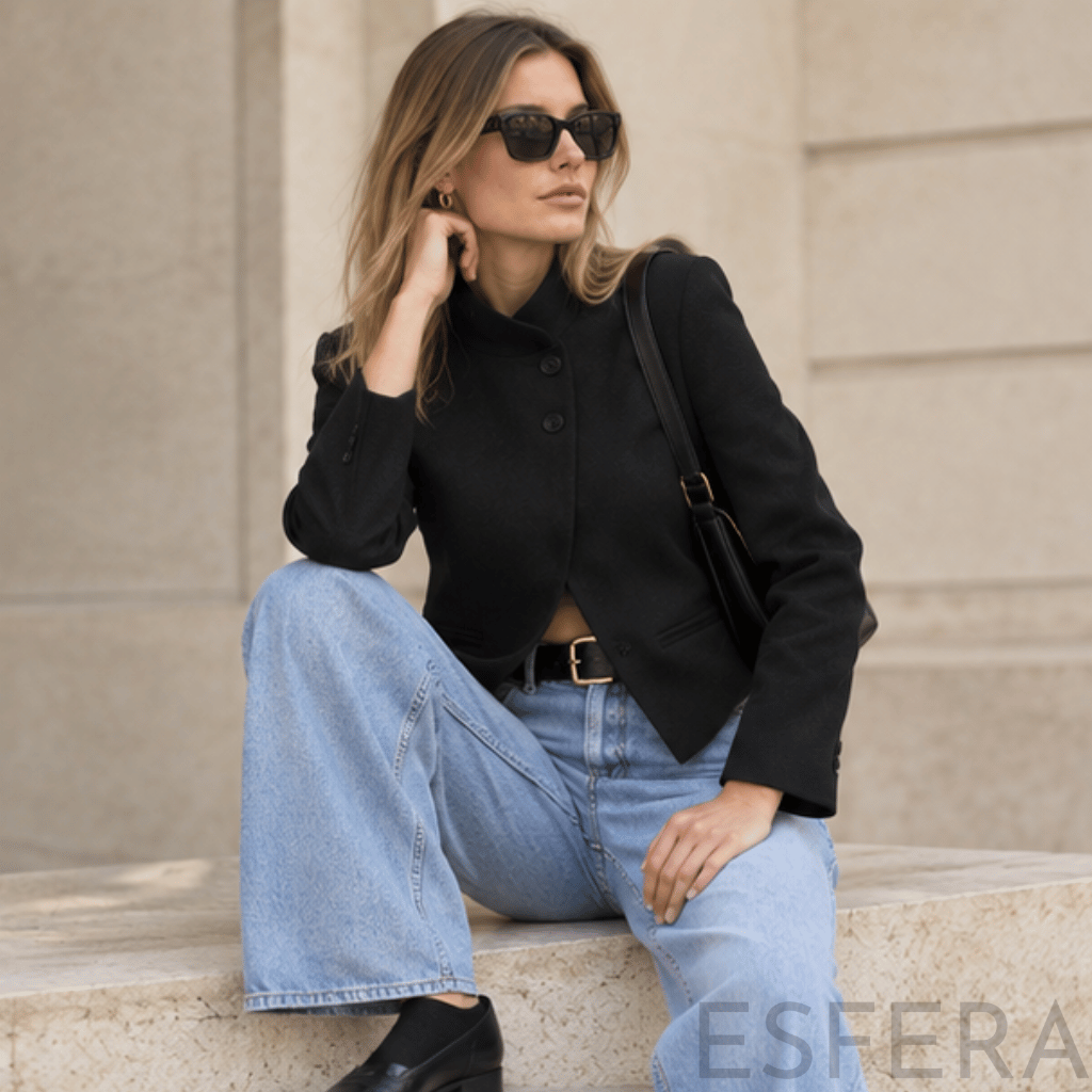 Blazer Mulher com Gola Alta e Botões Preto