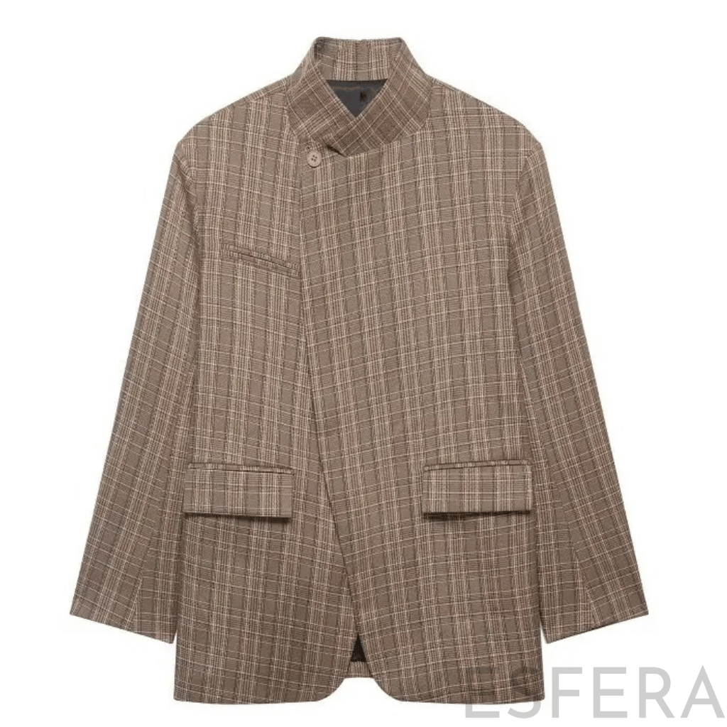 Blazer Mulher Xadrez com Gola Alta Caqui