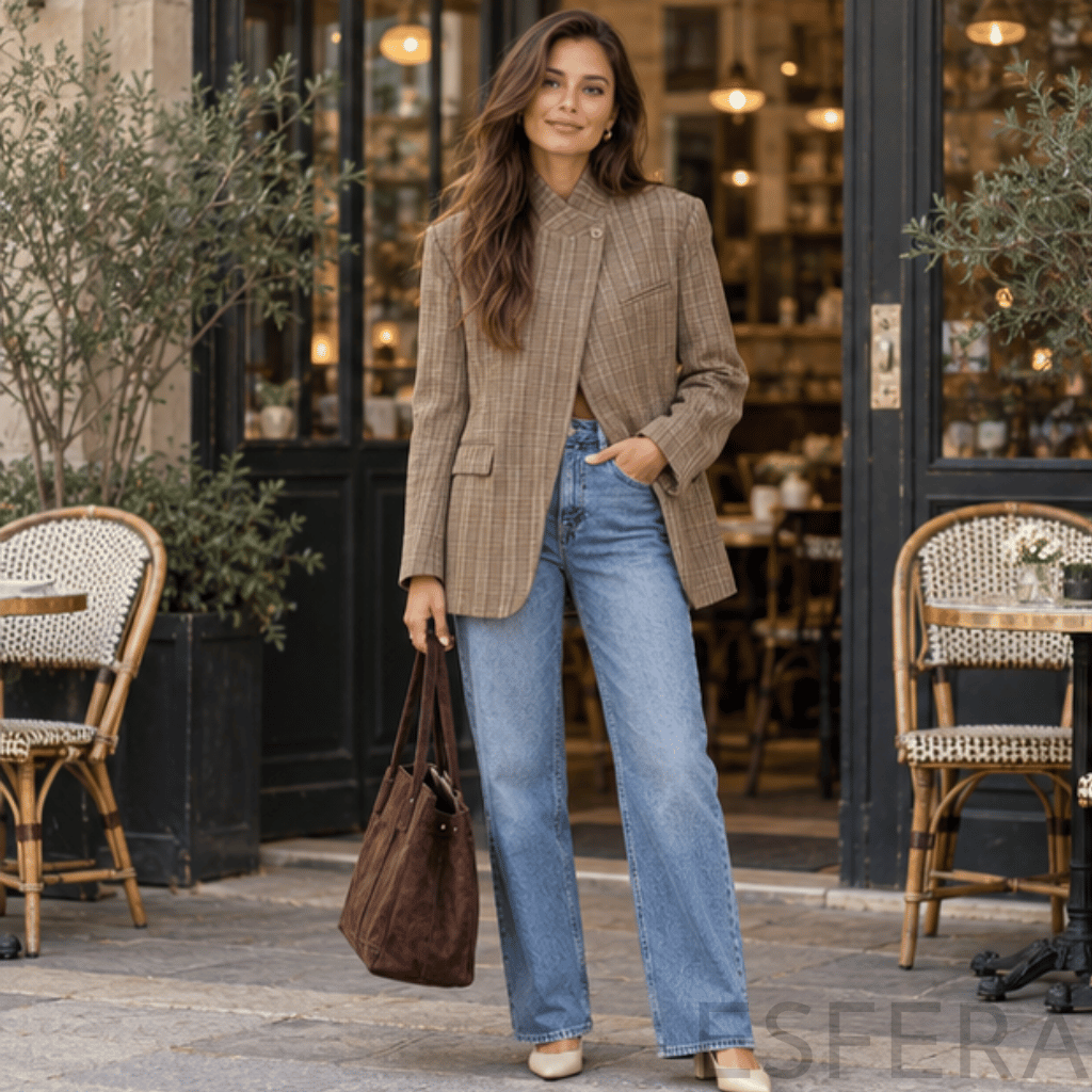Blazer Mulher Xadrez com Gola Alta Caqui
