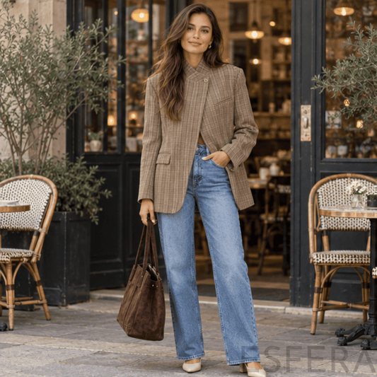 Blazer Mulher Xadrez com Gola Alta Caqui