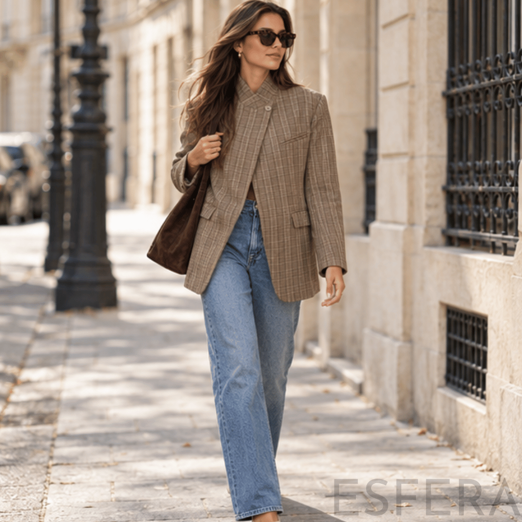 Blazer Mulher Xadrez com Gola Alta Caqui