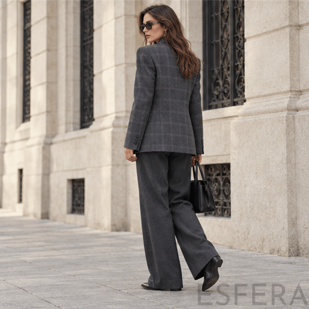 Blazer Mulher Xadrez com Gola Alta Cinzento