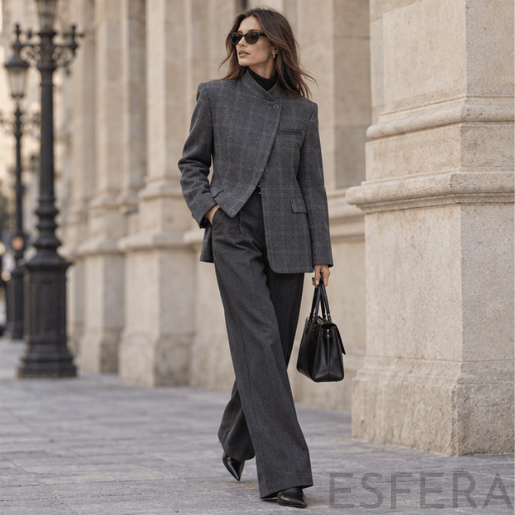 Blazer Mulher Xadrez com Gola Alta Cinzento