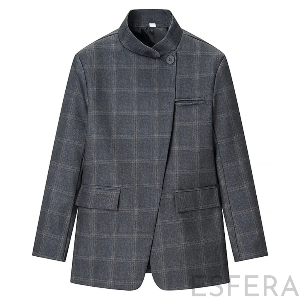 Blazer Mulher Xadrez com Gola Alta Cinzento
