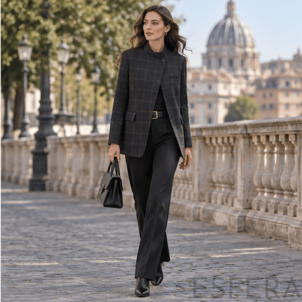 Blazer Mulher Xadrez com Gola Alta Preto
