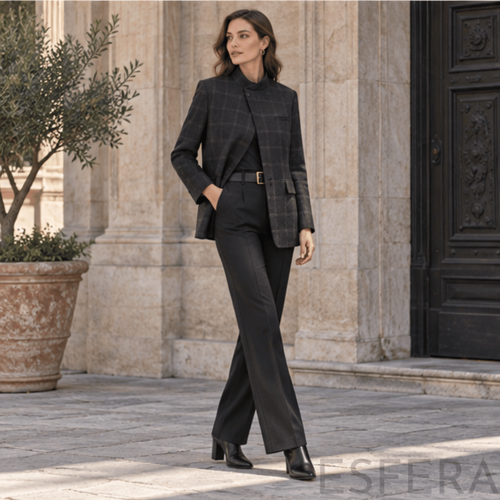 Blazer Mulher Xadrez com Gola Alta Preto