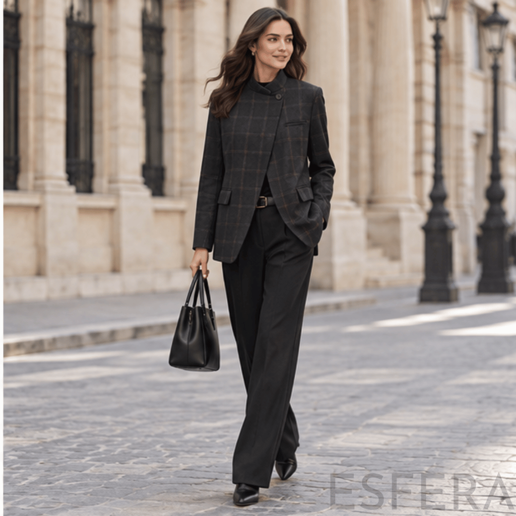 Blazer Mulher Xadrez com Gola Alta Preto
