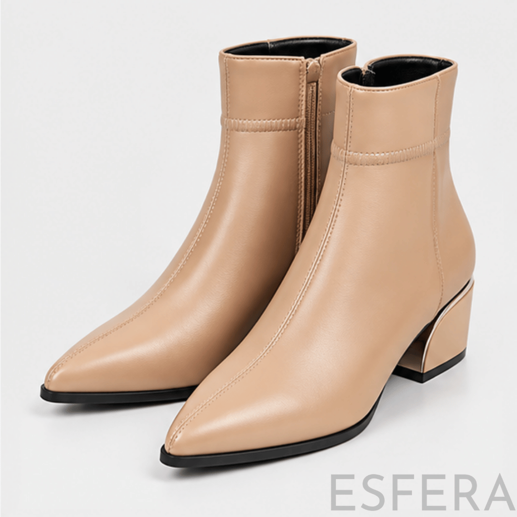 Bota Mulher Cano Curto Bico Fino com Salto Quadrado Bege