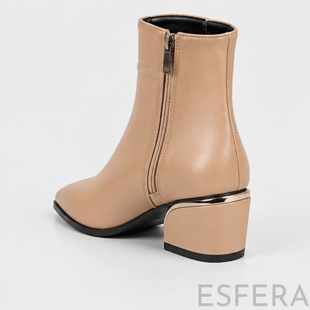 Bota Mulher Cano Curto Bico Fino com Salto Quadrado Bege