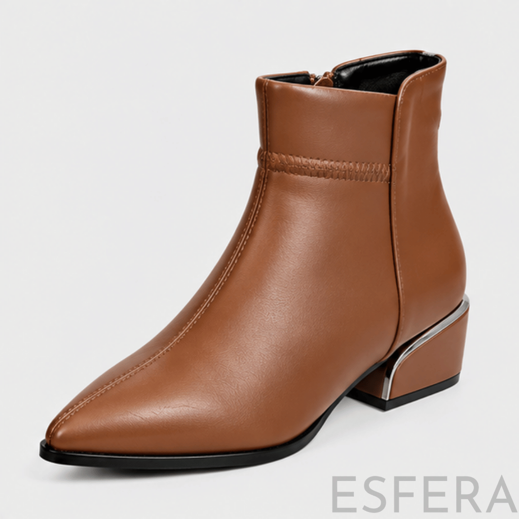 Bota Mulher Cano Curto Bico Fino com Salto Quadrado Castanho