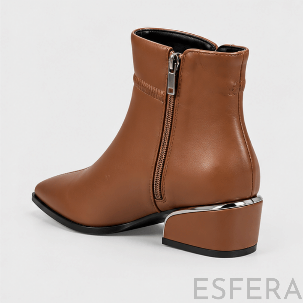 Bota Mulher Cano Curto Bico Fino com Salto Quadrado Castanho