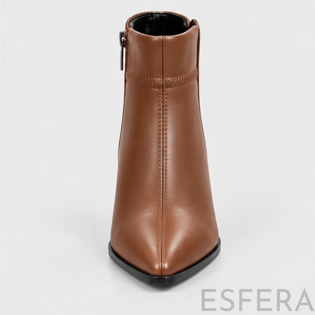 Bota Mulher Cano Curto Bico Fino com Salto Quadrado Castanho
