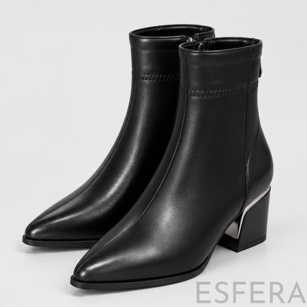 Bota Mulher Cano Curto Bico Fino com Salto Quadrado Preto