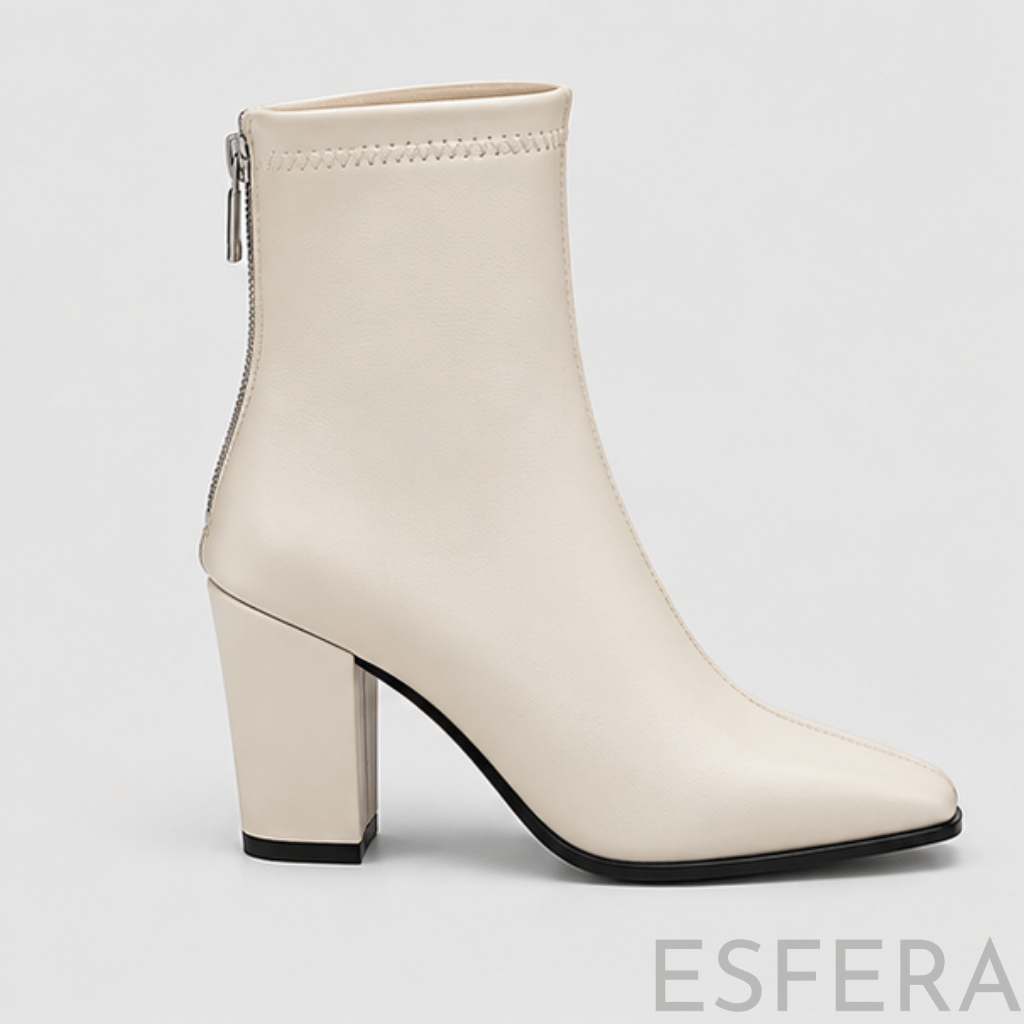 Bota Mulher Cano Curto com Salto Quadrado e Biqueira Quadrada Branco