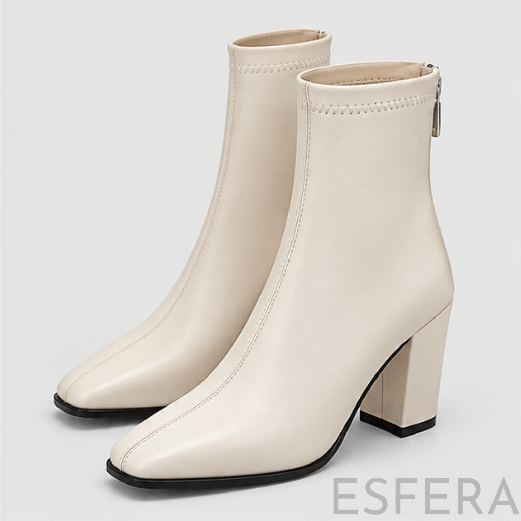 Bota Mulher Cano Curto com Salto Quadrado e Biqueira Quadrada Branco