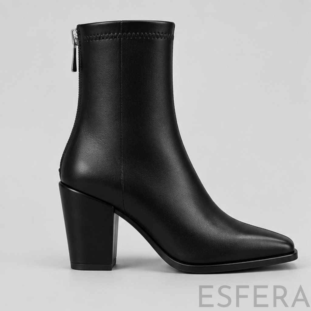 Bota Mulher Cano Curto com Salto Quadrado e Biqueira Quadrada Preto