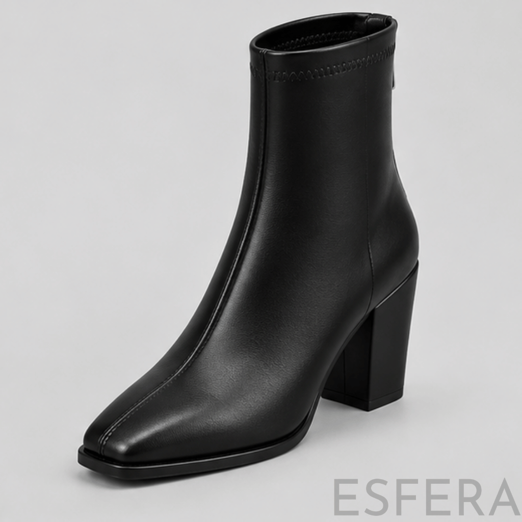 Bota Mulher Cano Curto com Salto Quadrado e Biqueira Quadrada Preto