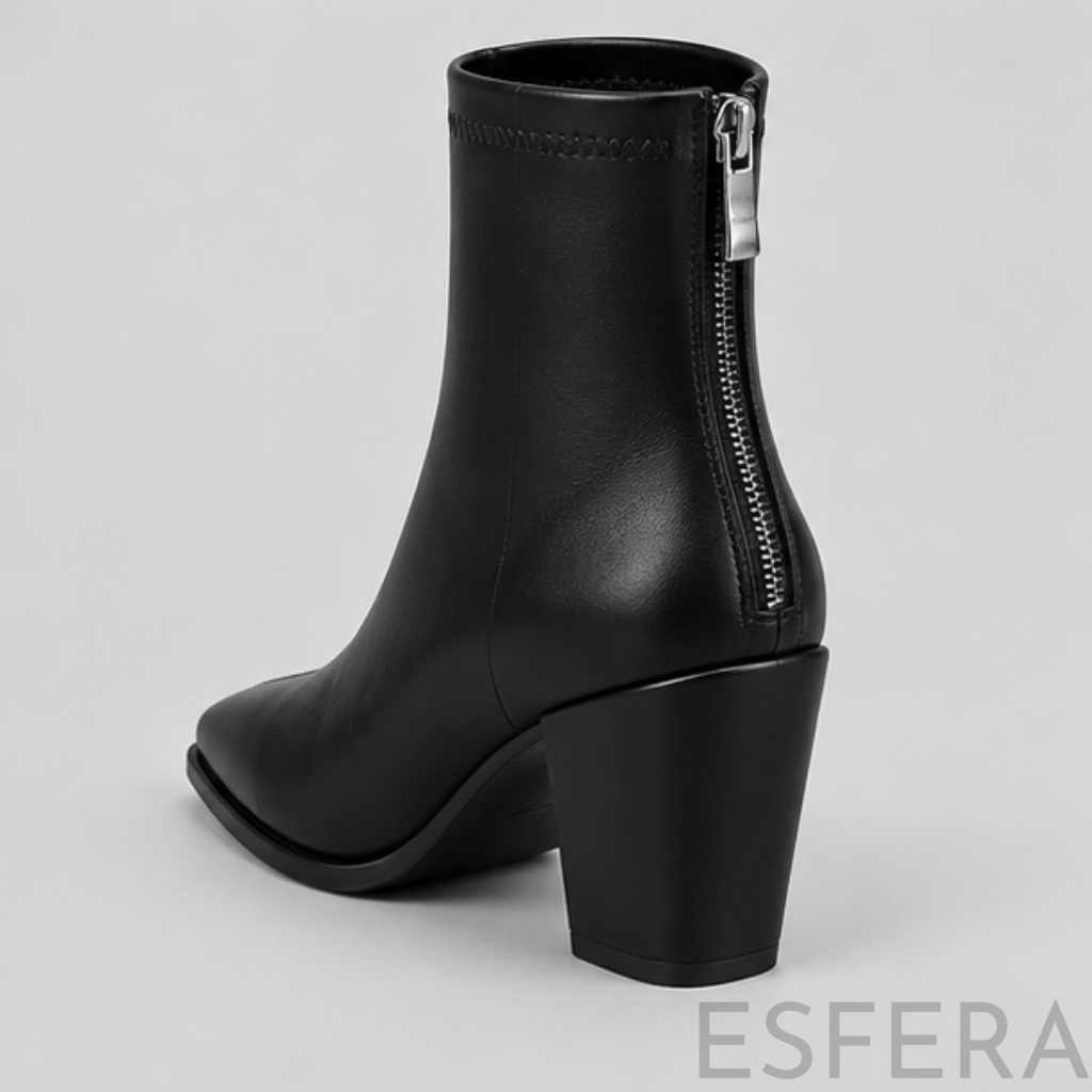 Bota Mulher Cano Curto com Salto Quadrado e Biqueira Quadrada Preto