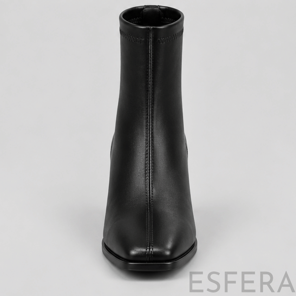 Bota Mulher Cano Curto com Salto Quadrado e Biqueira Quadrada Preto