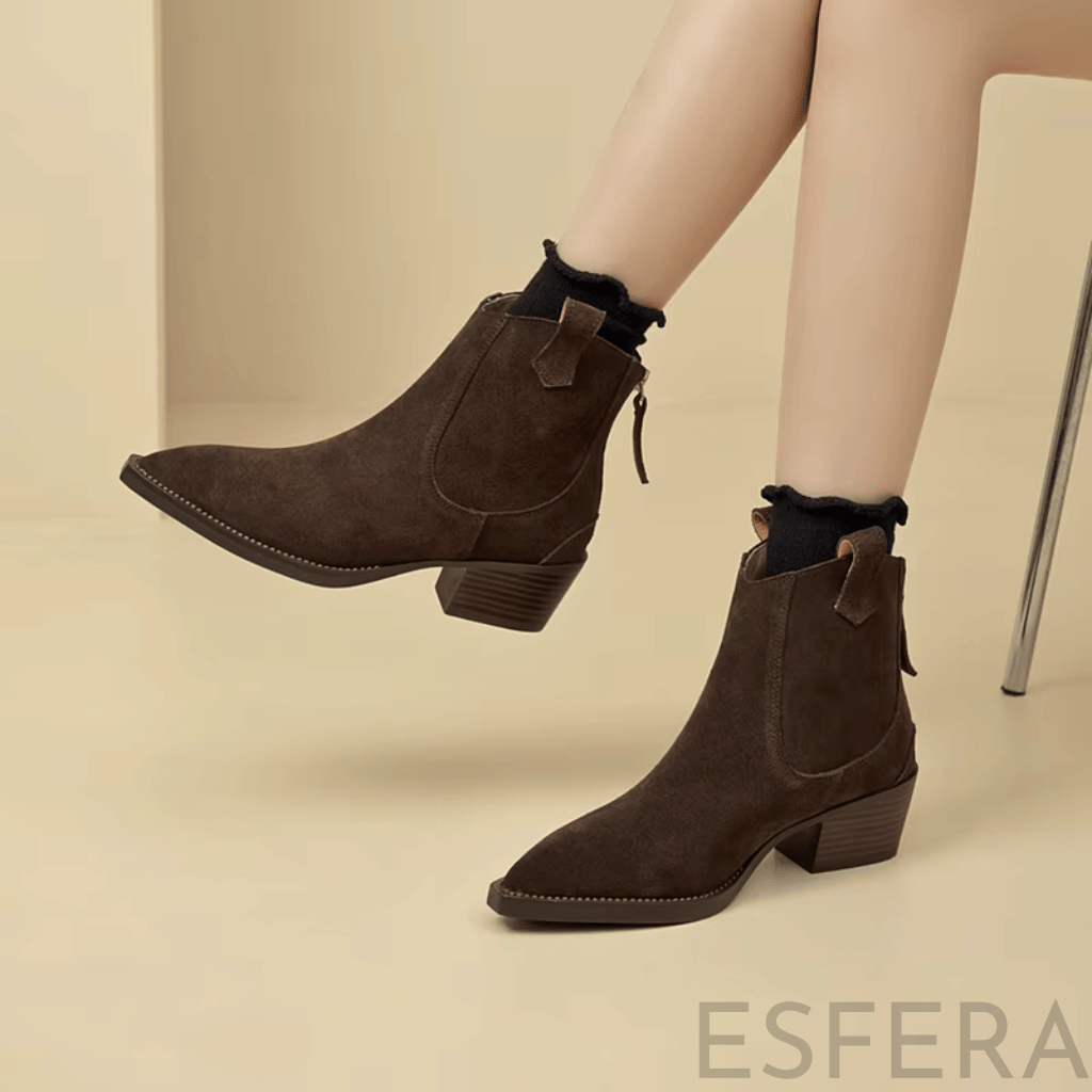 Bota Mulher Western com Salto Bloco e Bico Fino Castanho