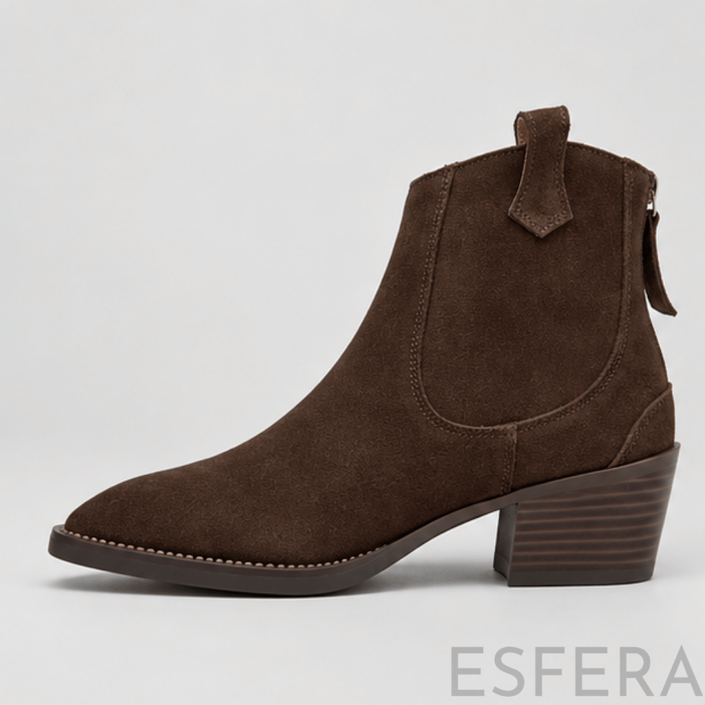 Bota Mulher Western com Salto Bloco e Bico Fino Castanho