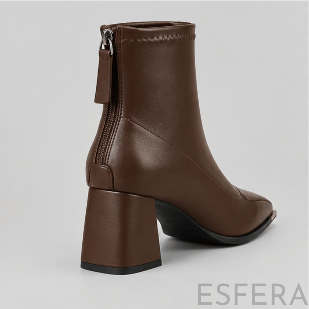 Bota Mulher de Cano Médio com Salto Alto e Fecho Traseiro Castanho