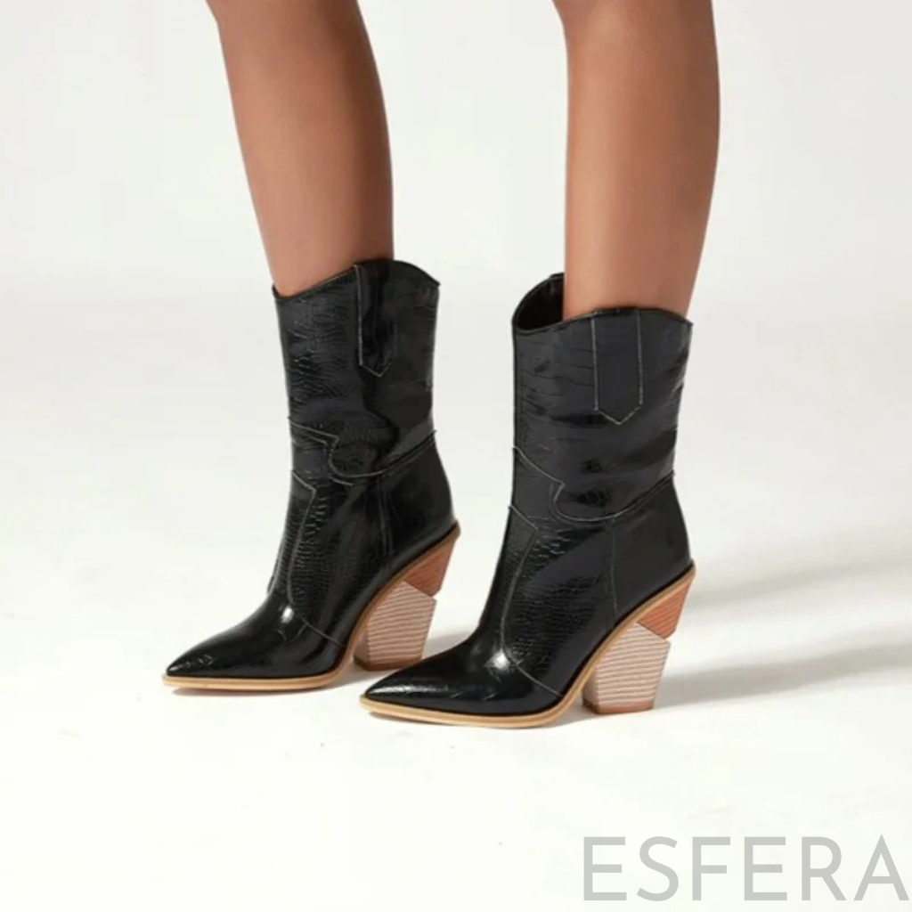 Bota Mulher de Cano Médio com Salto Alto e Bico Fino Preto