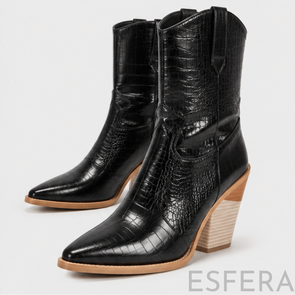 Bota Mulher de Cano Médio com Salto Alto e Bico Fino Preto