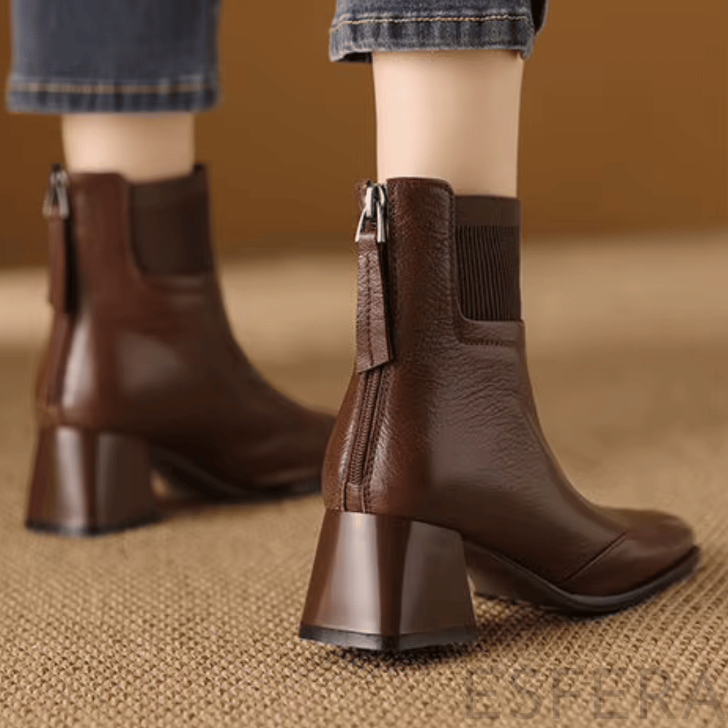 Bota Mulher de Salto Médio com Bico Quadrado Castanho