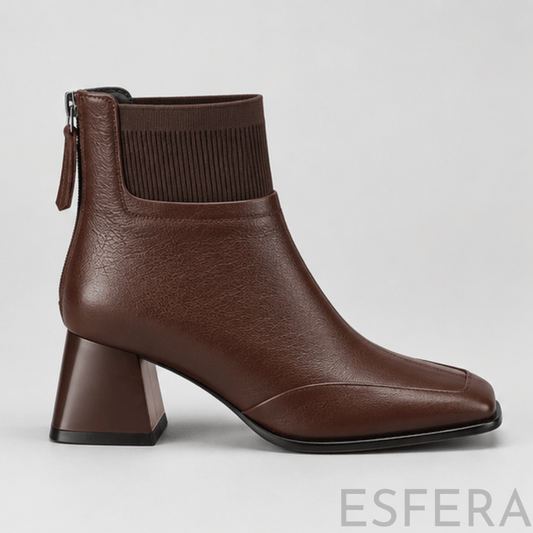 Bota Mulher de Salto Médio com Bico Quadrado Castanho