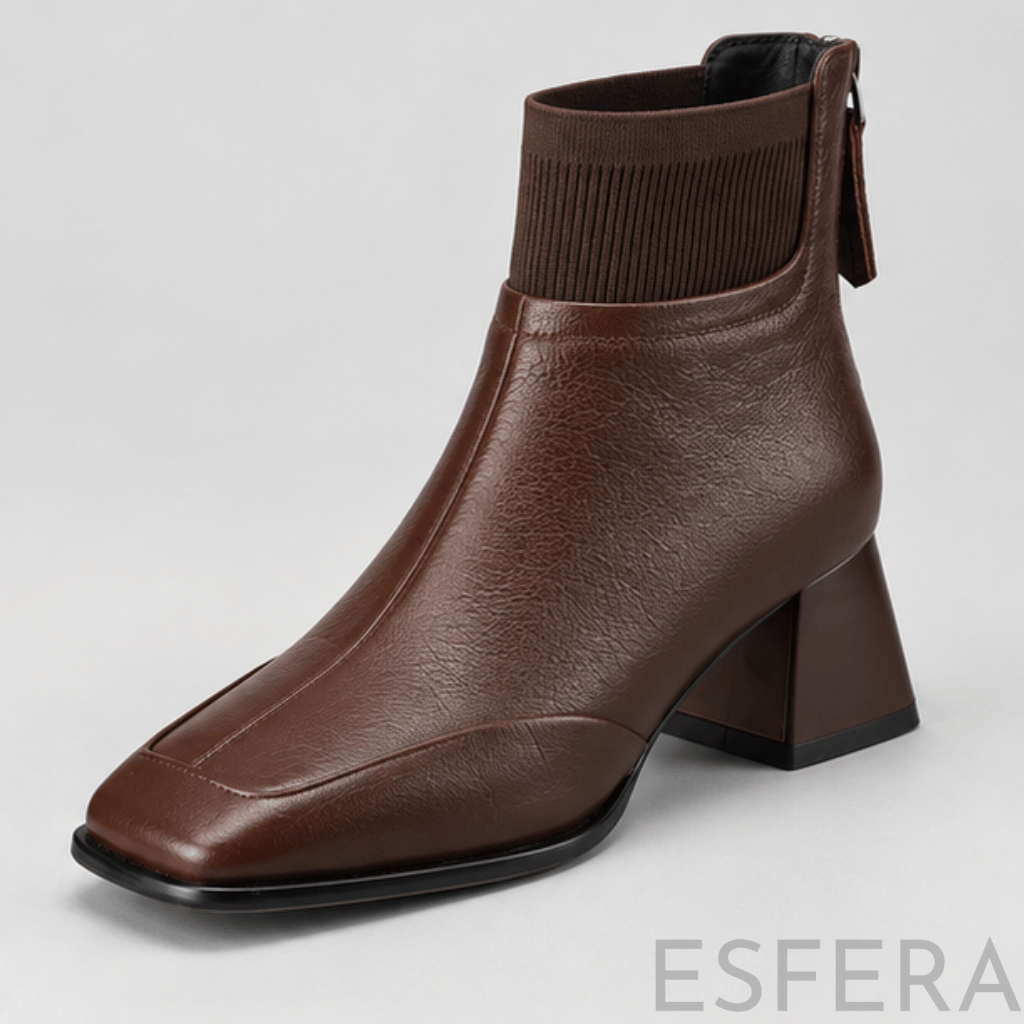Bota Mulher de Salto Médio com Bico Quadrado Castanho
