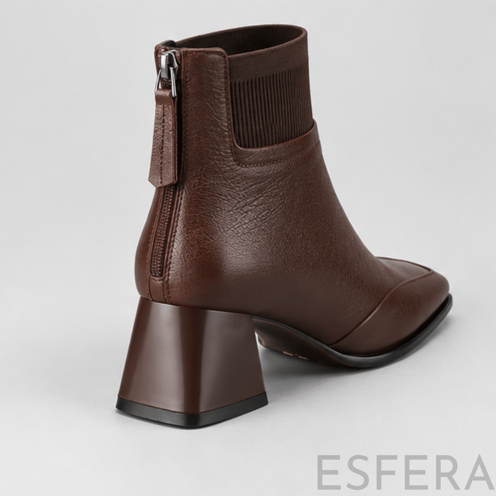 Bota Mulher de Salto Médio com Bico Quadrado Castanho